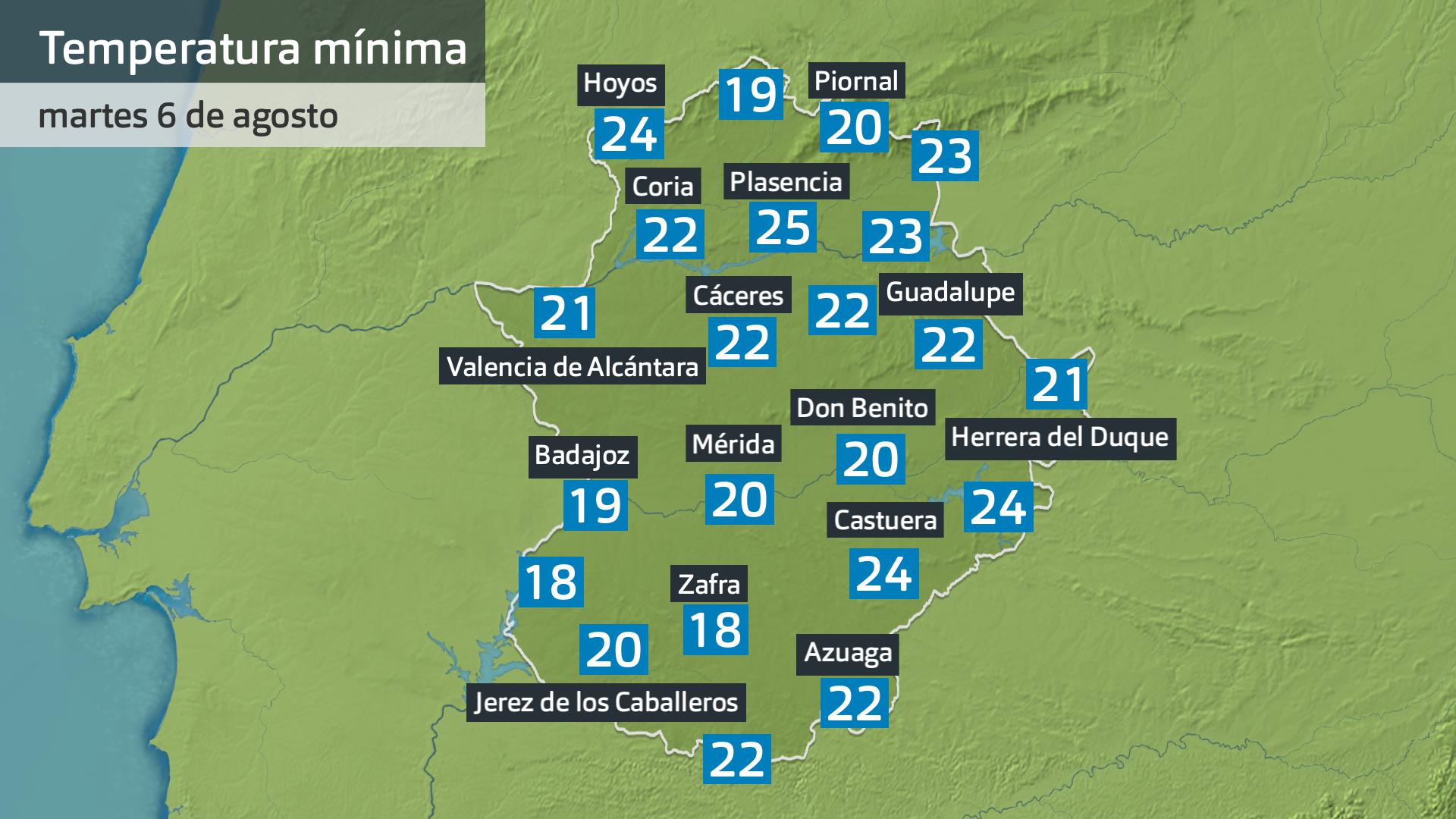 Temperatura mínima martes 6 de agosto. Datos hasta las 6:45 h. Aemet, Meteoclimatic et al.